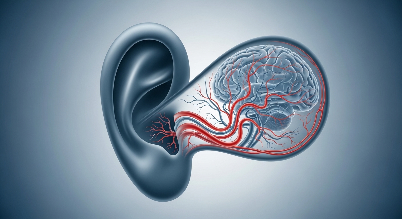 귓볼의 사선 주름이 심혈관 및 뇌 건강과 연결되는 모습을 형상화한 이미지. 미세혈관의 중요성을 강조하며 건강에 대한 경각심을 일깨운다.