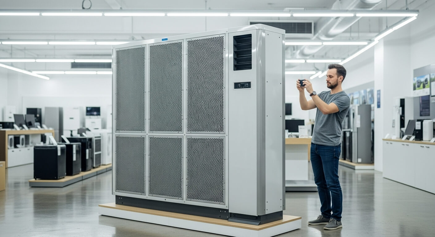 매장에서 대형 냉난방기 또는 공조기 앞에서 사진을 찍는 남성