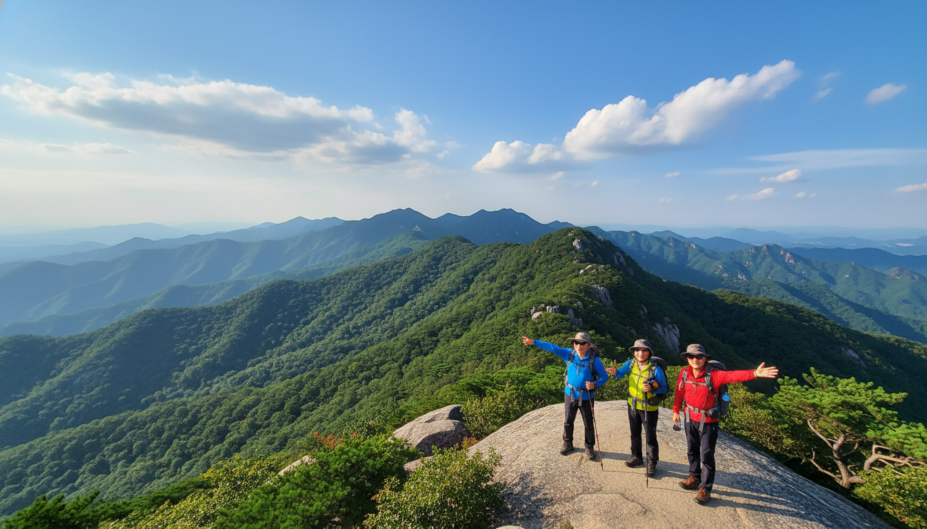 설악산 권금성 정상에서 바라본 압도적인 산맥 풍경과 청명한 하늘, 방문객들이 감탄하며 경치를 즐기고 있습니다.