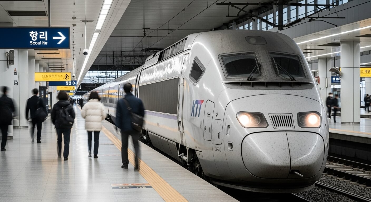 플랫폼에 정차한 KTX 열차와 승객들의 승하차 모습