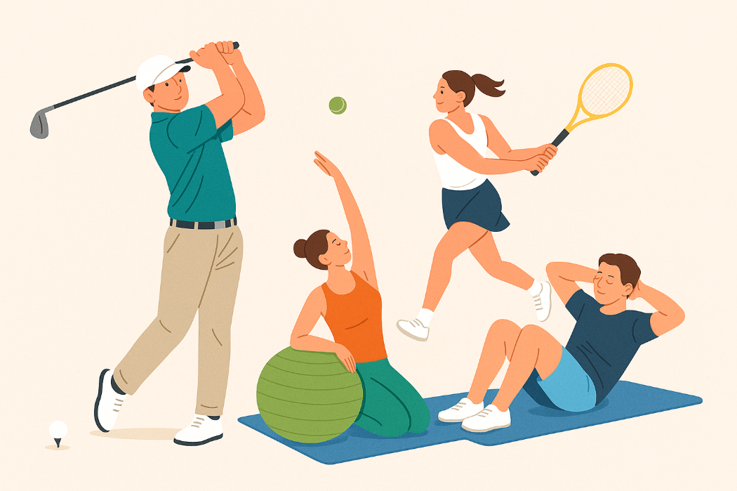 골프 스윙과 테니스 스윙을 즐기고 균형운동을 하는 사람들을 그린 밝은 일러스트