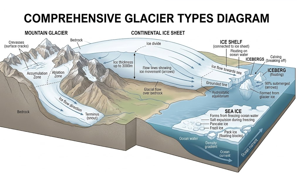 빙하 빙상 빙붕 빙산 해빙 차이 구조 종류 형성 과정