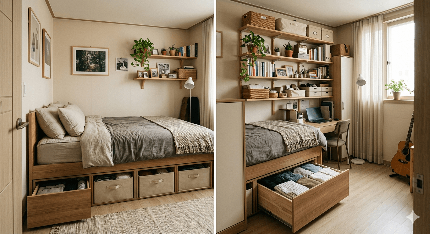 침대 아래 수납과 벽면 선반을 활용한 정리된 원룸 사진