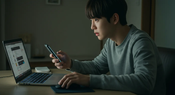 젊은 남성이 새벽에 노트북과 핸드폰으로 취소표를 찾는 장면