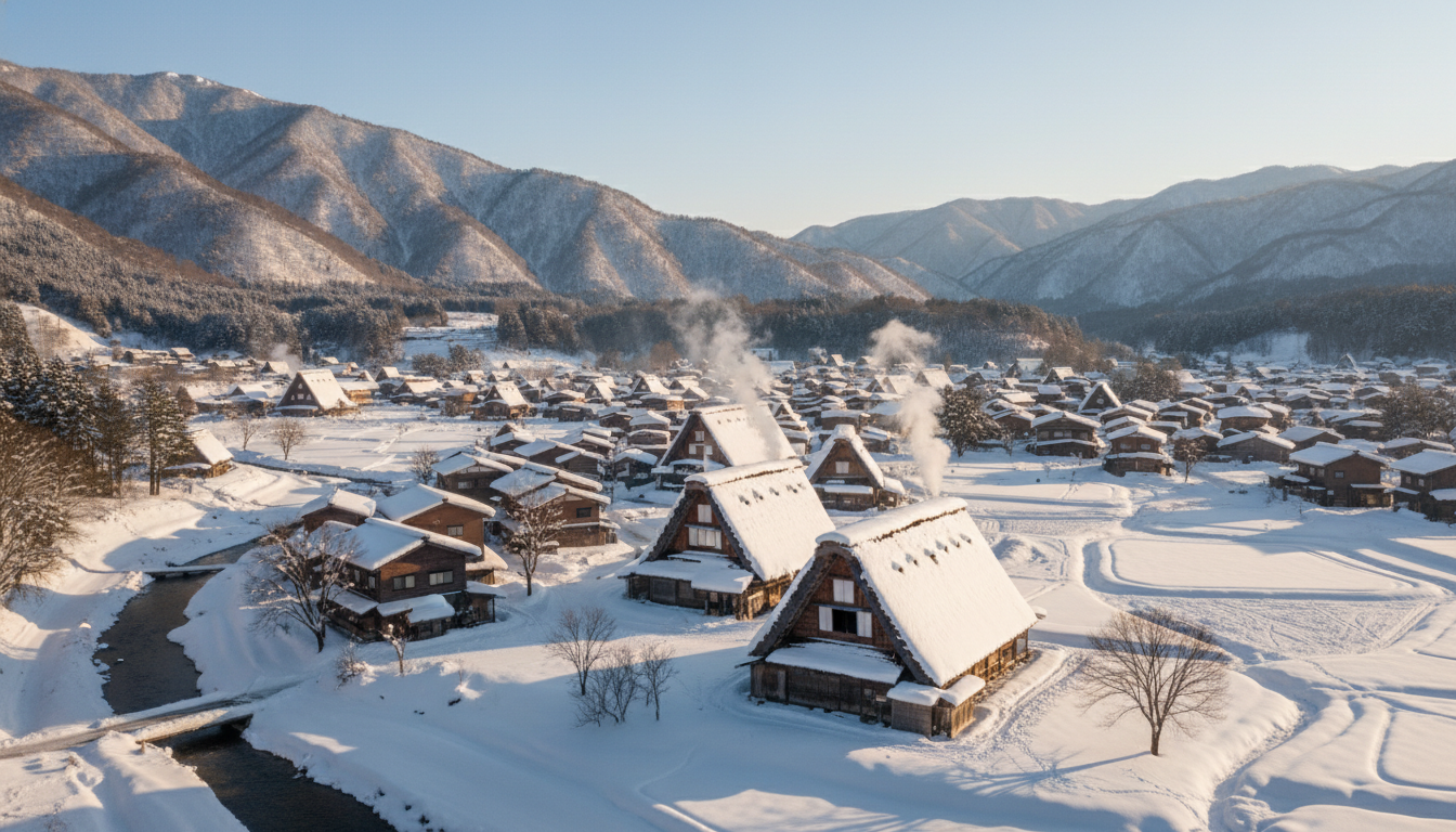눈 덮인 일본 시라카와고 마을의 전경. 전통 갓쇼즈쿠리 가옥들이 흰 눈을 이고 평화롭게 서 있으며, 뒤로는 눈 덮인 산이 펼쳐져 동화 같은 풍경을 자아냅니다. 여행과 겨울 감성을 자극하는 사진.