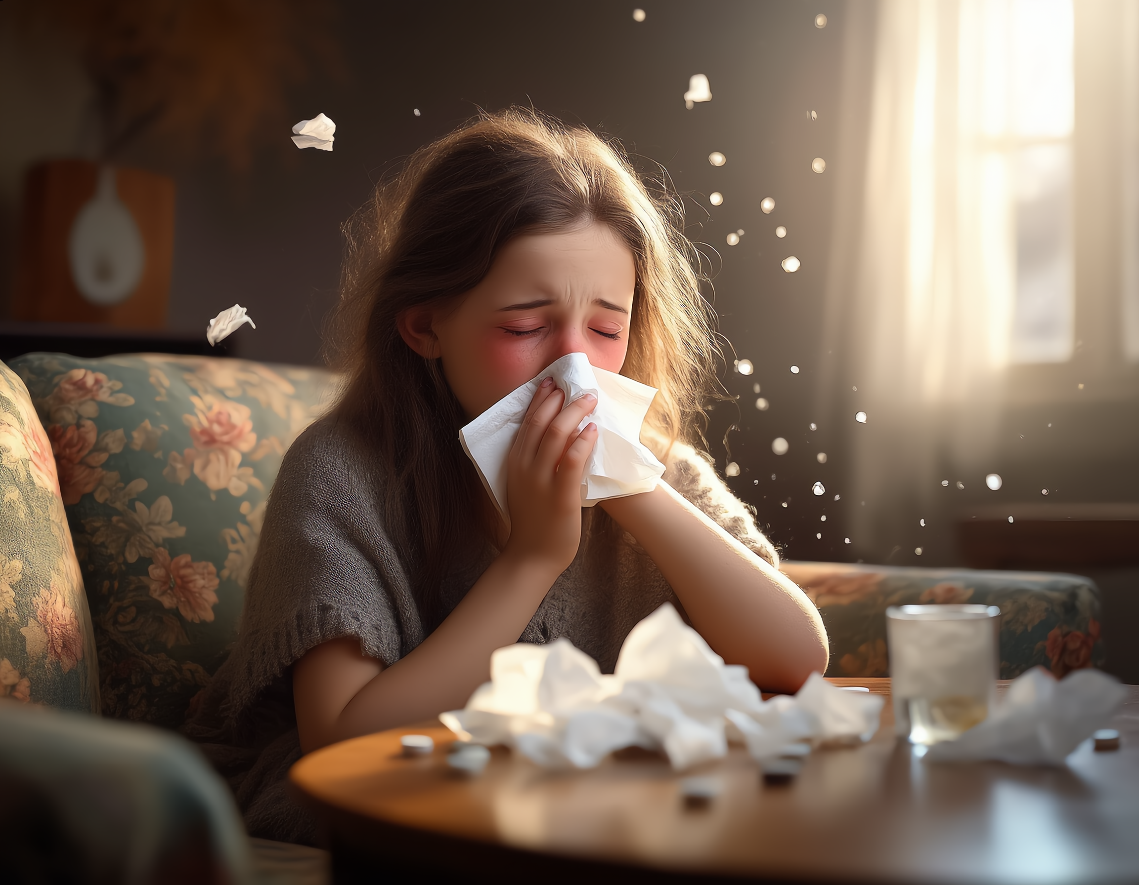A young woman with watery red eyes and flushed cheeks sneezes into a tissue while sitting on a floral-patterned sofa, surrounded by floating pollen particles and dust motes in sunlight. Her free hand scratches an irritated forearm, with scattered allergy pills and crumpled tissues on a wooden coffee table, capturing both physical discomfort and springtime indoor allergen exposure under soft diffused lighting.