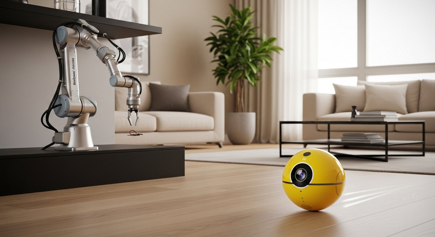 Image of Samsung's yellow ball-shaped robot 'Ballie' moving around a living room, with a Rainbow Robotics robotic arm working in the background.