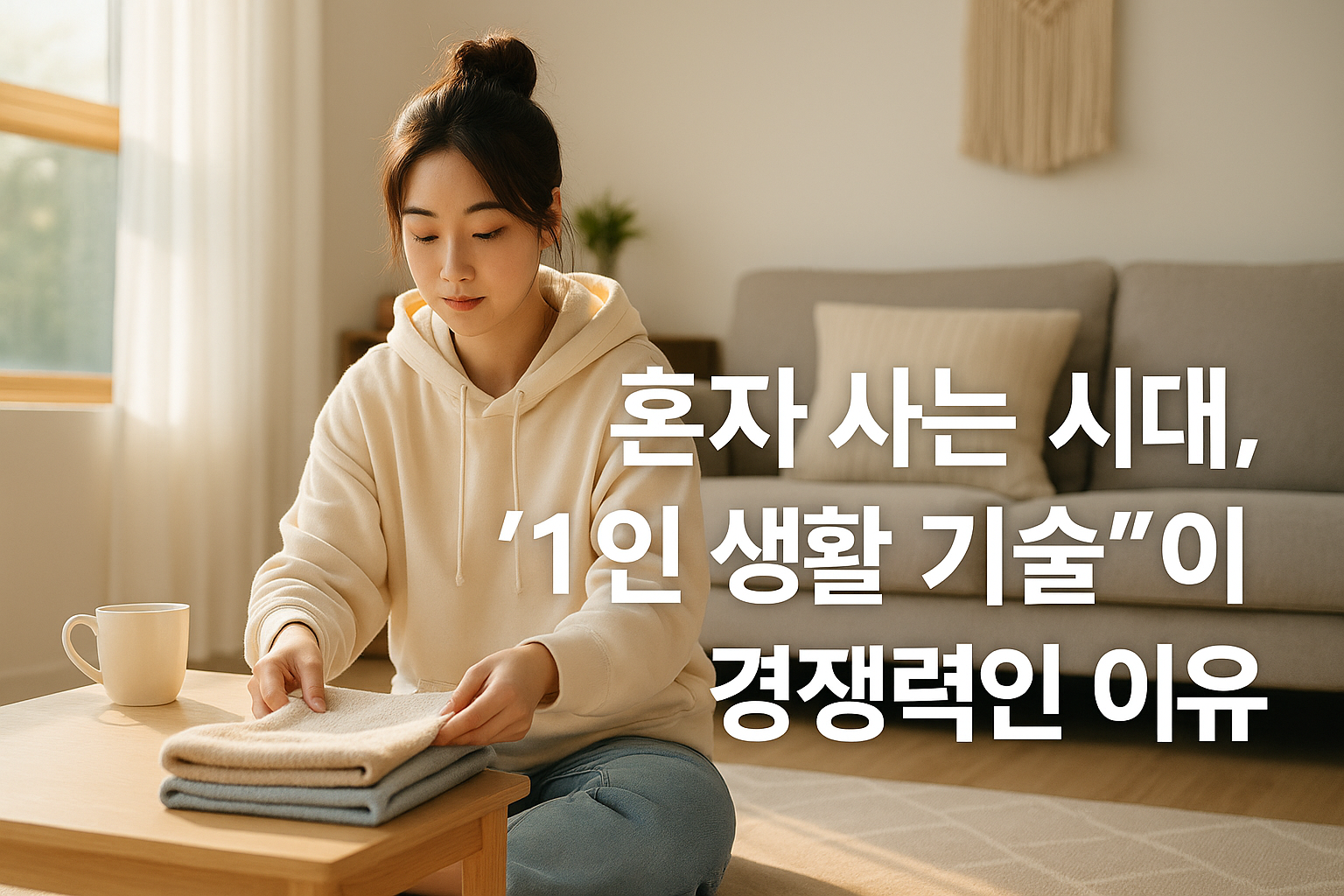 따뜻한 햇살 속에서 빨래를 개며 미소 짓는 여성이 있는 원룸 장면