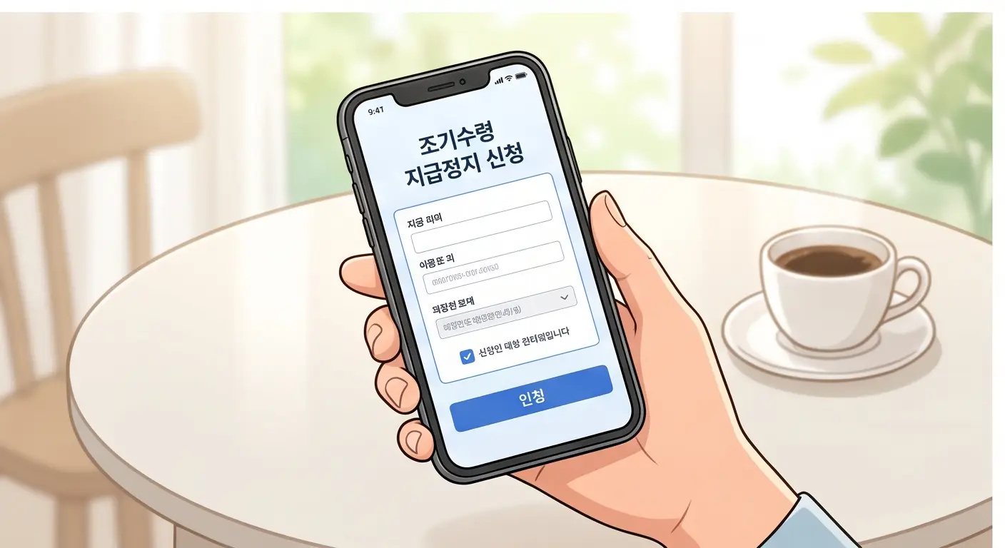 스마트폰 화면에 표시된 국민연금 조기수령 지급정지 신청 모바일 화면 일러스트