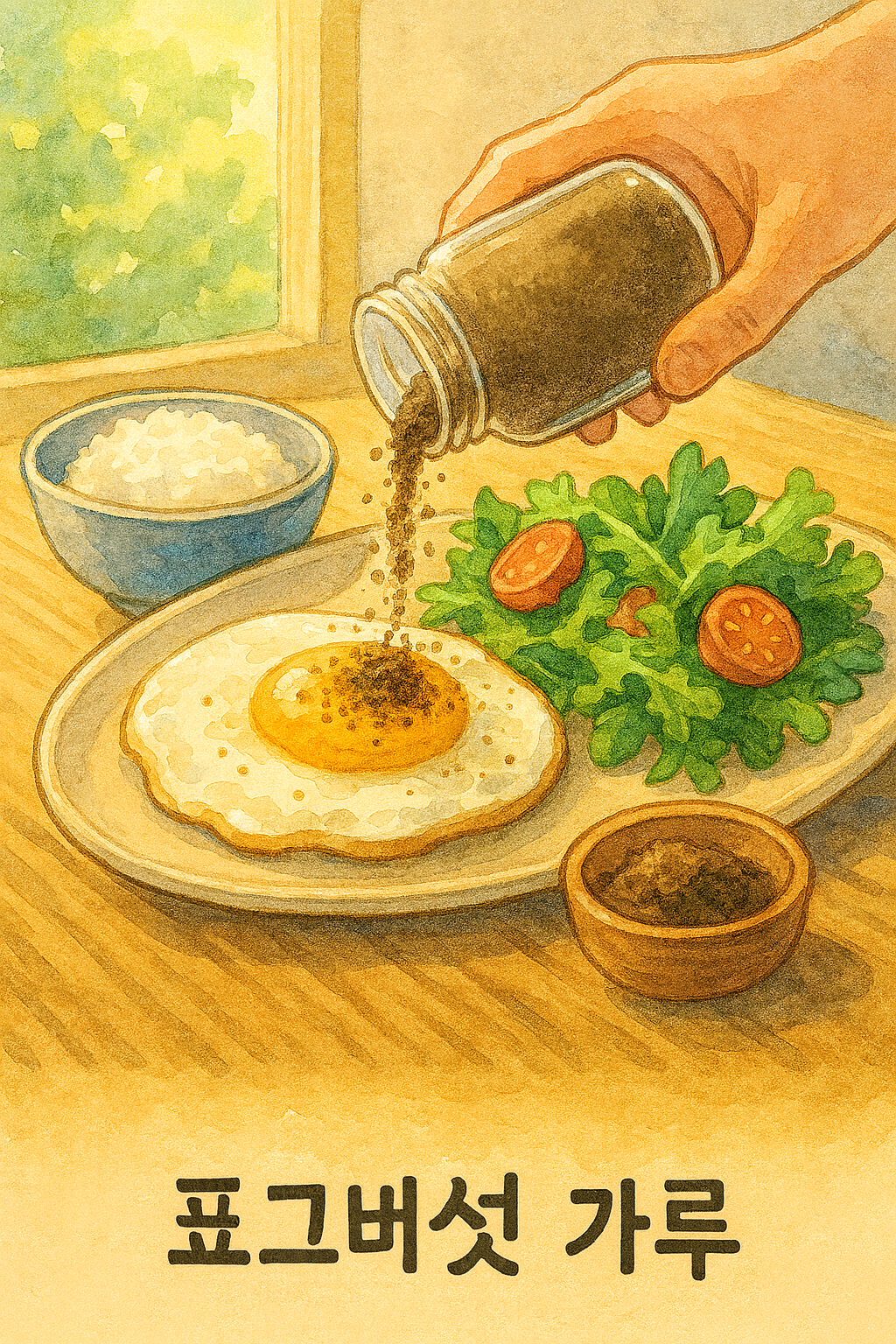 계란후라이, 밥, 샐러드 위에 햇볕에 말린 표고버섯 가루를 뿌리는 장면