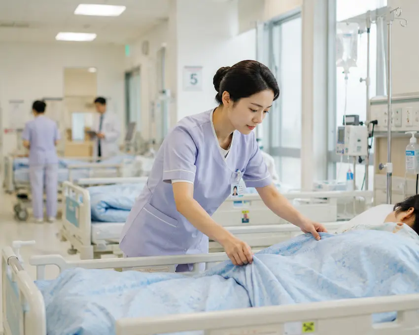 간병인이 병원에서 환자를 돌보고 있는 모습의 이미지