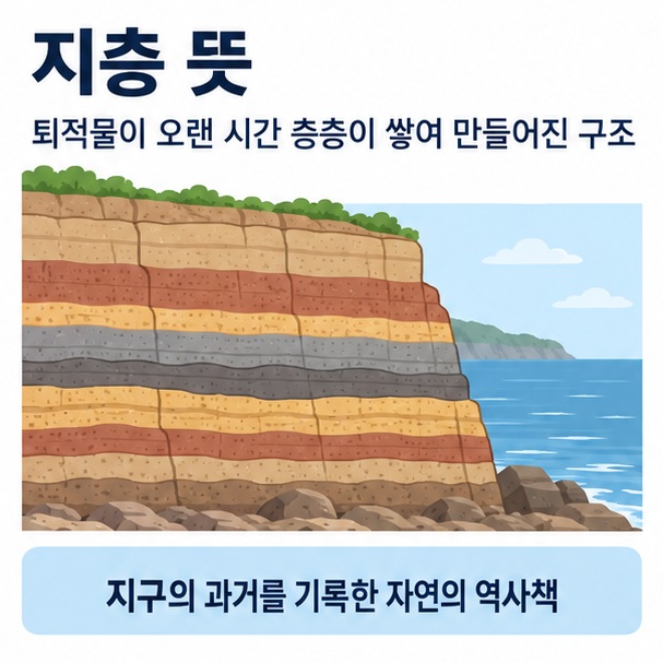 지층 뜻이라는 제목과 여러 색의 퇴적층이 겹겹이 쌓인 절벽 단면을 함께 표현한 대표 지질학 이미지