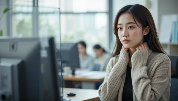 사무실에서 얇은 가디건으로 몸을 감싼 여성