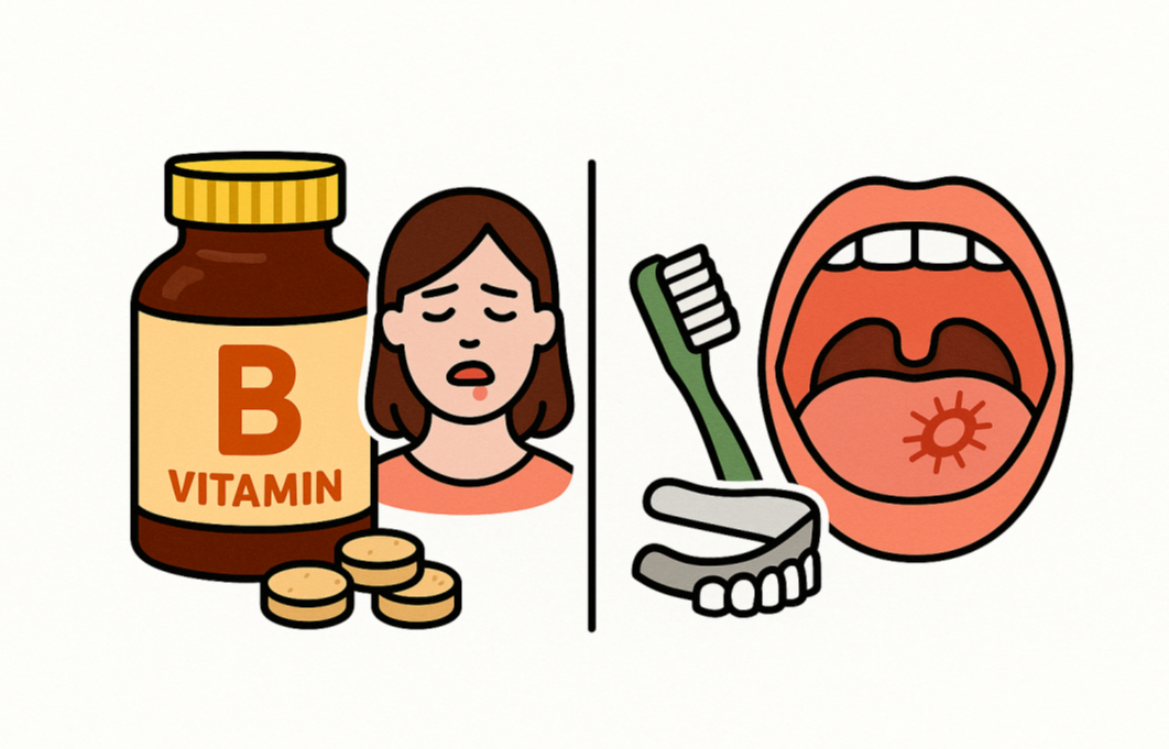 비타민B 부족으로 입안에 구내염이 생긴 여성과 칫솔, 틀니로 인한 자극을 표현한 구내염 원인 일러스트