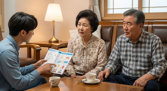 중풍 증상 정보를 설명하는 자녀와 듣는 부모
