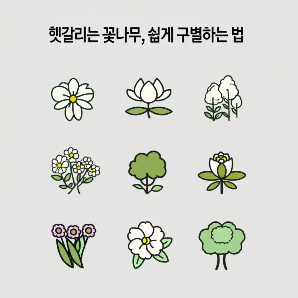 벚꽃, 매화, 살구꽃 등 비슷한 꽃나무들을 비교하여 구별하는 방법을 설명하는 이미지