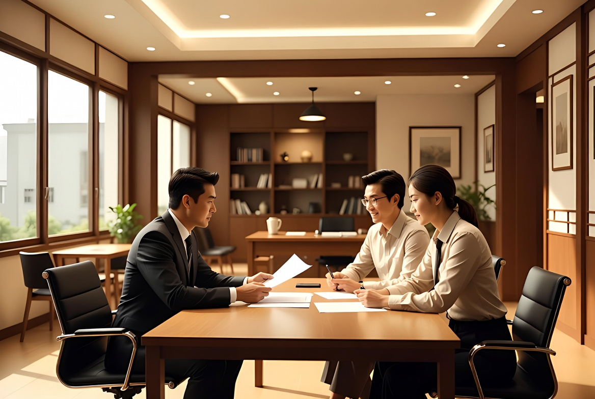 공인중개사 사무소에서 매도인과 매수인에게 계약 서류룰 설명하는 일러스트