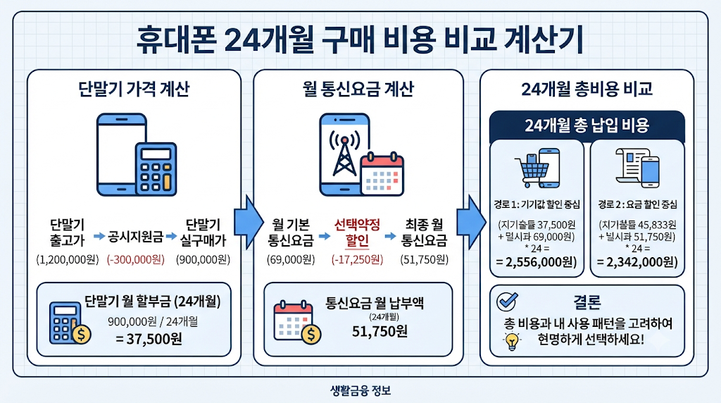 휴대폰 공시지원금과 선택약정 2년 총비용 비교 방법