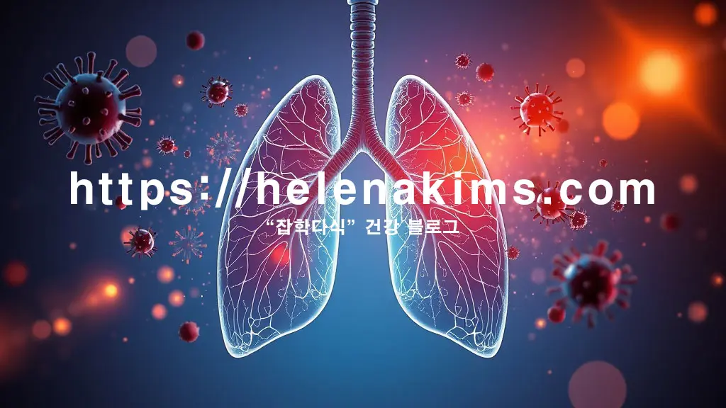 차가운 겨울 공기에 노출된 인간 폐의 실루엣이 중앙에 위치한다. 폐 주변으로는 바이러스 입자들이 위협적인 이미지.