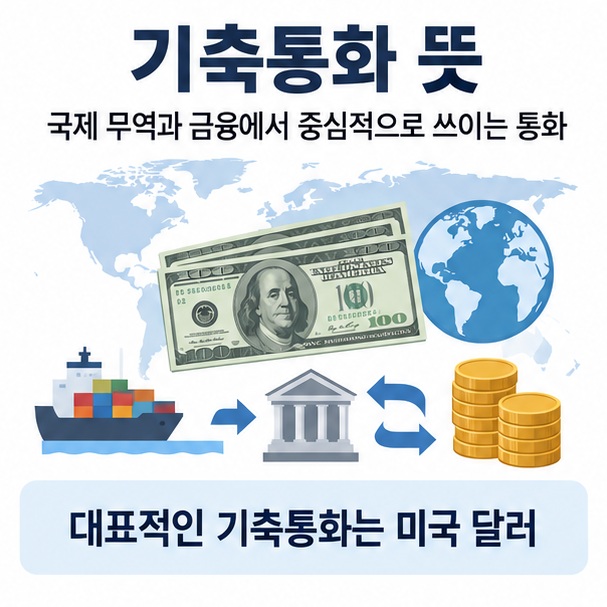 기축통화 뜻이라는 제목과 세계지도, 달러 지폐, 국제 결제와 외환보유를 상징하는 아이콘을 함께 표현한 대표 이미지