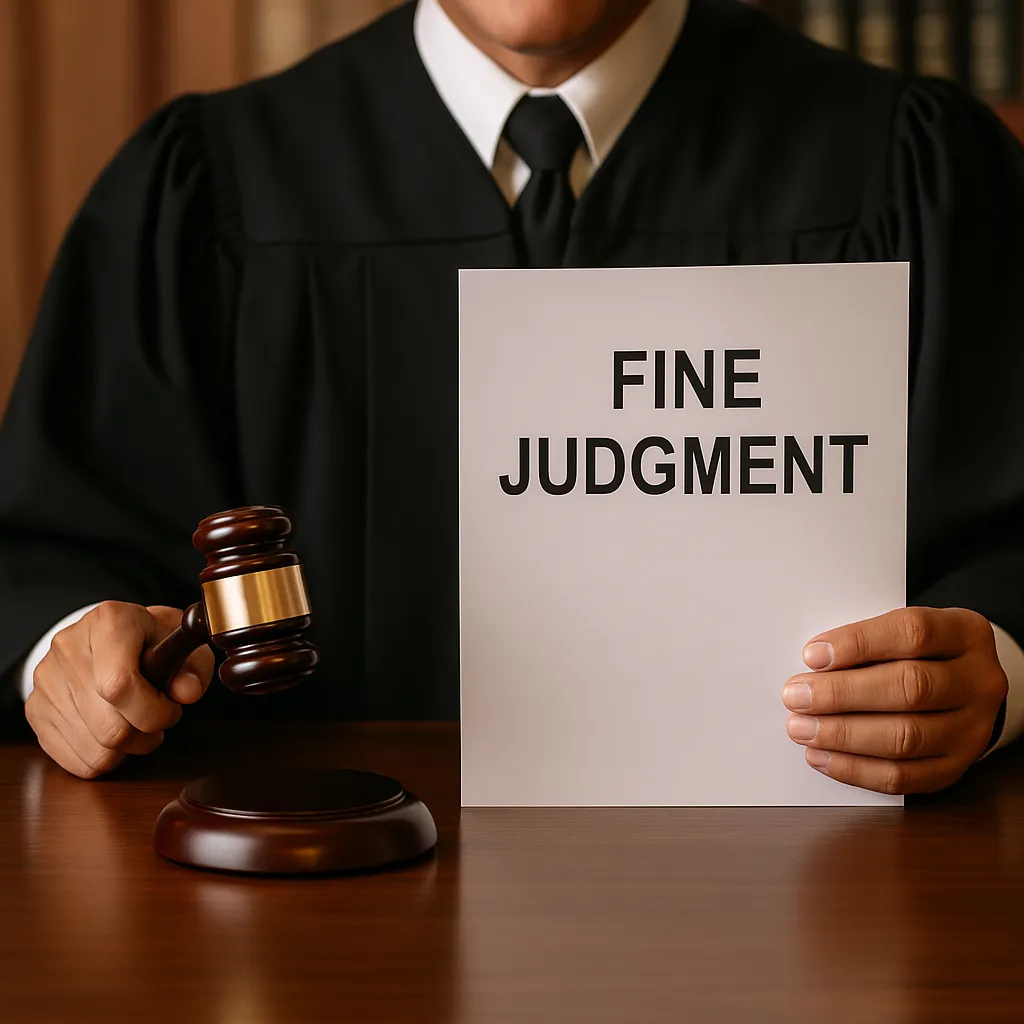 판사가 벌금 판결문을 들고 있는 법정 장면