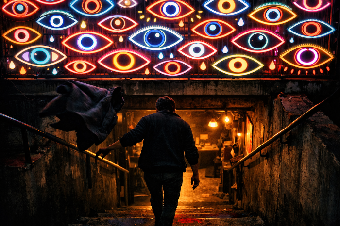 화려한 공개 플랫폼을 떠나 아늑한 아지트로 들어가는 사용자의 모습.