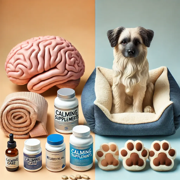 반려견 신경 건강을 상징하는 뇌 모형, 영양제, 부드러운 개용 침대가 놓인 스튜디오 컷