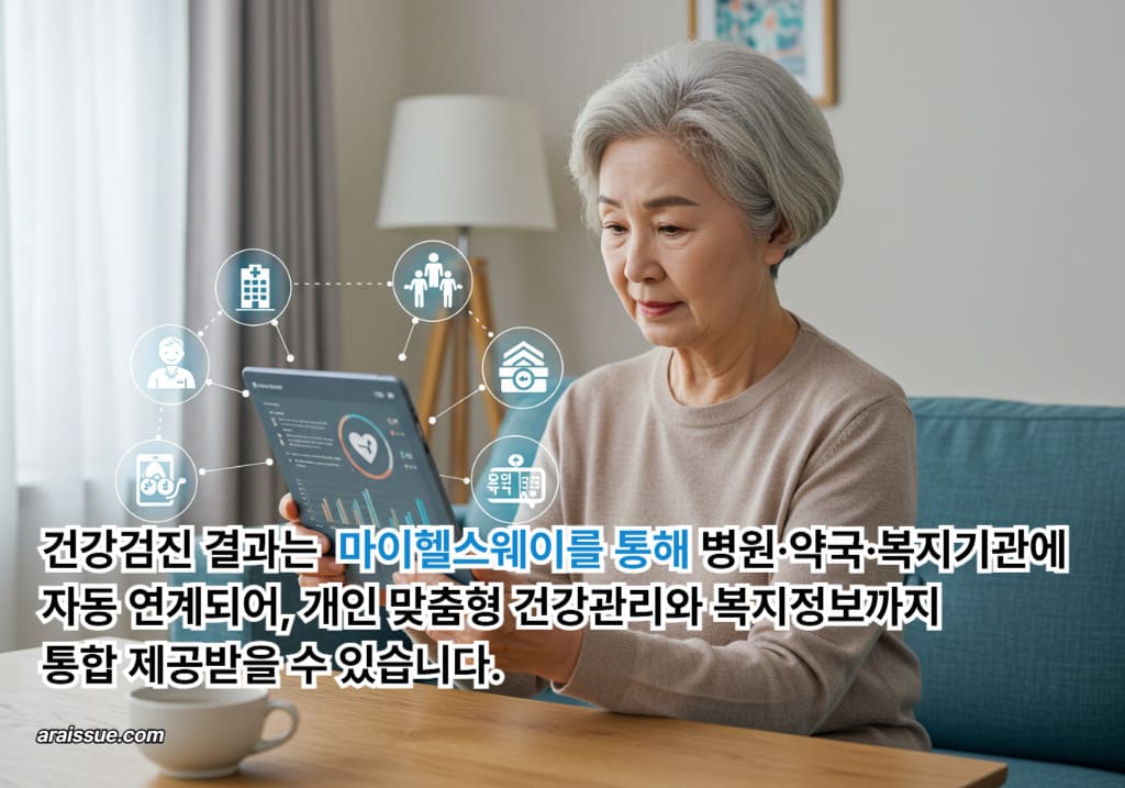 고령 여성이 마이헬스웨이 플랫폼을 통해 건강검진 이력을 확인하며 병원&middot;약국&middot;복지기관과 연계된 개인 맞춤형 건강 리포트를 열람하는 장면으로, 디지털 기반 복지 정보 활용 체계를 보여줍니다.