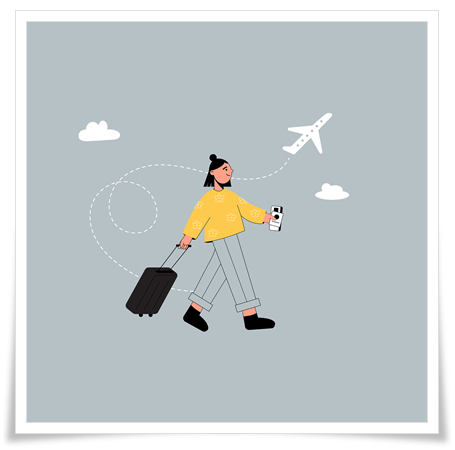 여행용 가방을 끌면서 즐거운 표정과 가벼운 발걸음으로 여행을 떠나는 듯한 젊은 MZ 세대의 사진