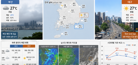 부산의 흐린 해안 하늘과 대구의 뜨거운 도심 햇빛을 비교하는 기상 관측 이미지