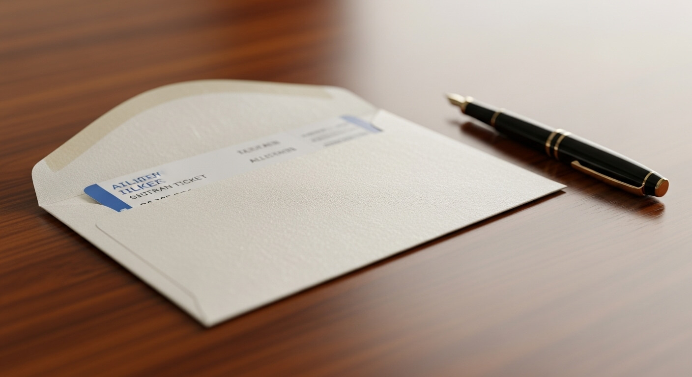 반쯤 열린 봉투 안에 들어 있는 항공권과 검은색 펜이 놓인 장면
