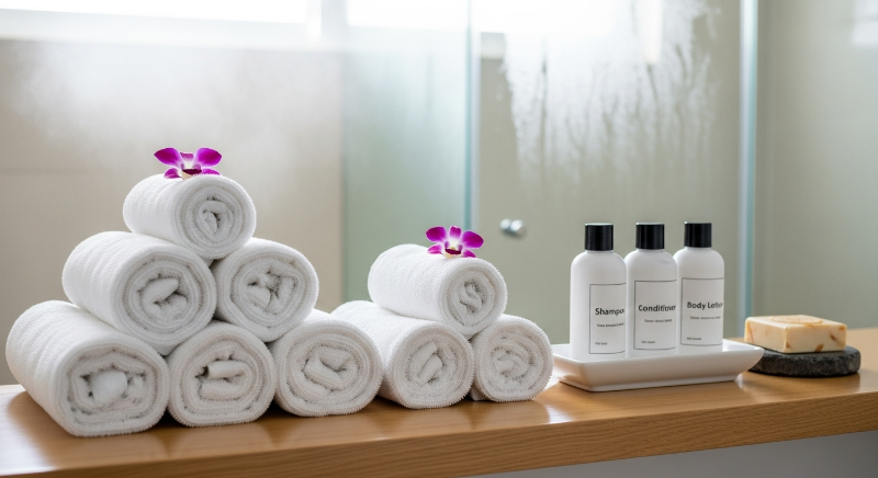 온천 여행 준비물로 챙긴 깨끗한 수건과 스파 어메니티가 선반에 정돈된 모습