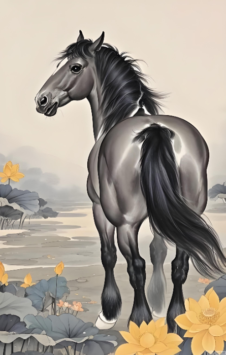 검은색의말을그림으로그려놓은뒷모습사진