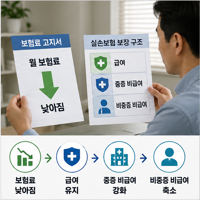 급여와 중증 비급여 및 비중증 비급여로 구분된 5세대 실손보험 보장 구조