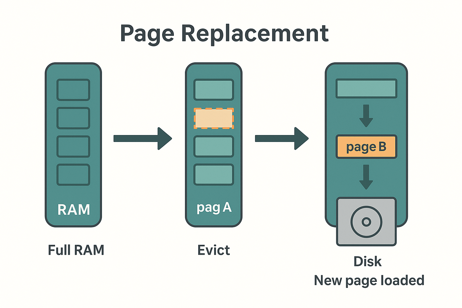 페이지 폴트가 발생했을 때 운영체제가 교체할 페이지를 선택하고 디스크에서 새 페이지를 불러와 물리 메모리에 올리는 과정을 단계별로 보여주는 다이어그램