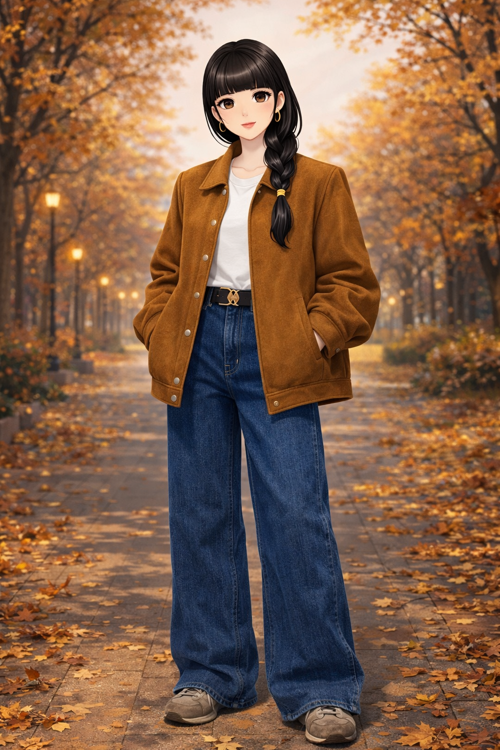 K-Fashion Camel Suede Jacket With Dark Denim Pants And Classic Casual Style