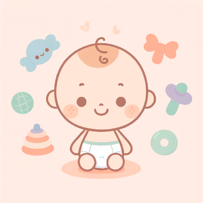 A smiling baby with a diaper&#44; surrounded by pastel-colored toys.