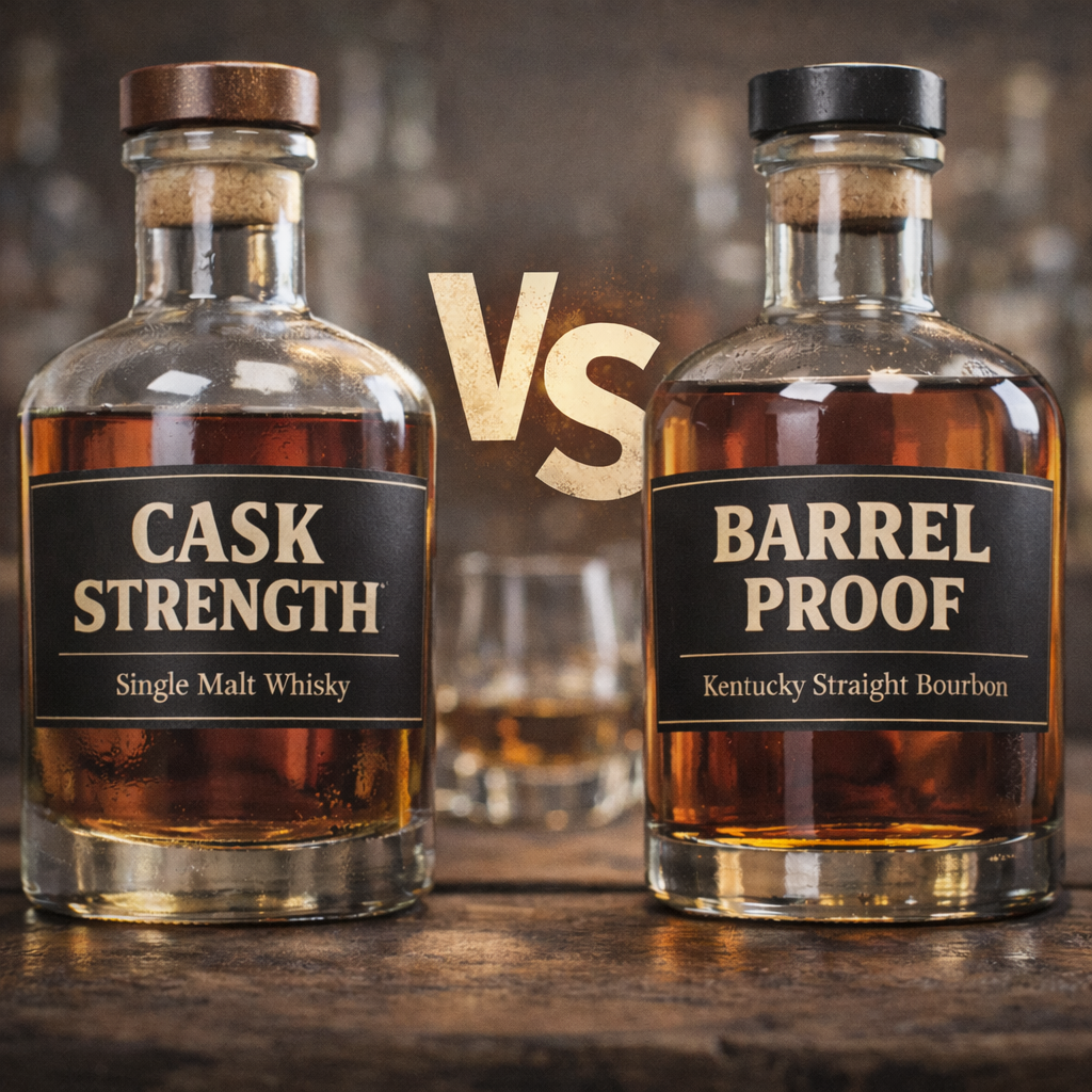 캐스크 스트렝스 뜻, 배럴 프루프 뜻, 배럴 스트렝스 뜻, 싱글 배럴 뜻을 정리한 게시물을 대표하는 이미지. 대표적인 물음인 캐스크 스트렝스와 배럴 프루프를 비교하는 구도의 이미지이다.