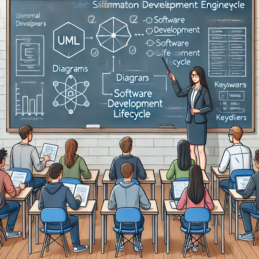 교실에서 교사가 UML 다이어그램과 소프트웨어 개발 생명주기를 설명하며 학생들이 필기와 질문에 참여하는 학습 환경
