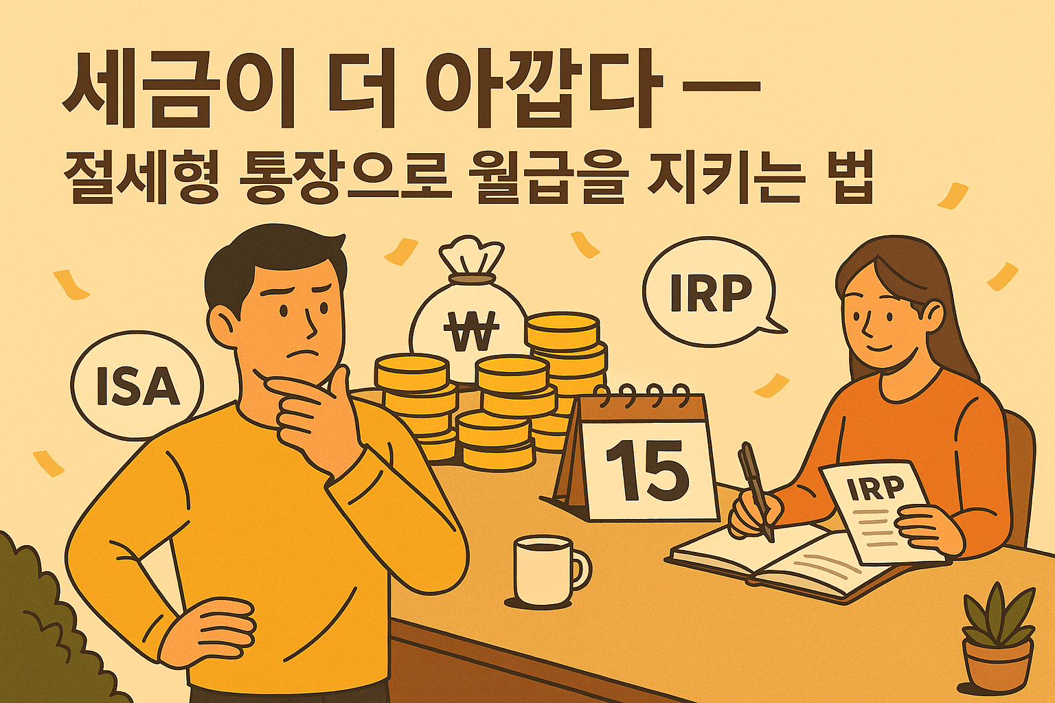따뜻한 색감의 일러스트로, 한국 직장인이 책상 앞에서 계산기와 서류를 보며 세금과 절세 계획을 고민하는 모습. 주변에 돈, 차트, 세금 아이콘이 떠 있음.
