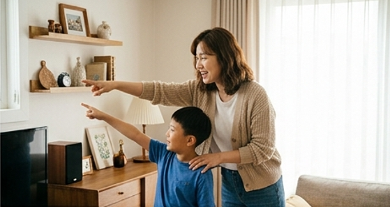 엄마가 아이와 함께 거실 곳곳을 손으로 가리키는 모습