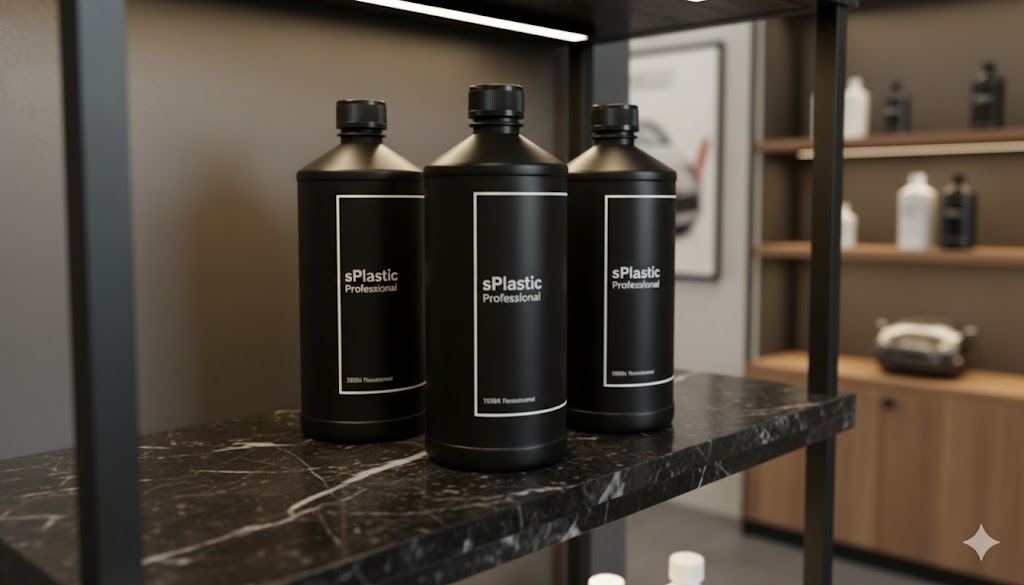 고급 매장에 진열된 s1000 블랙 HDPE 플라스틱 용기. 플라스틱 용기 OEM으로 브랜드 가치를 높인 사례