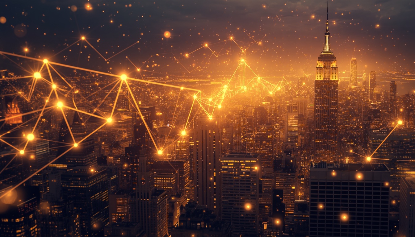 Futuristic financial concept art blending Wall Street skyline with glowing blockchain digital data streams representing RWA tokenization.