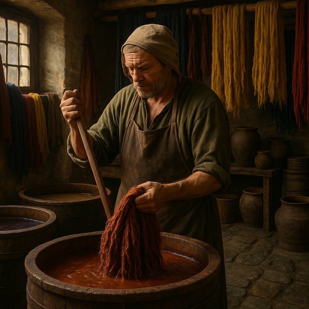 중세 유럽 봉건사회 염색공(Dyer)이 염색하고 있는 모습