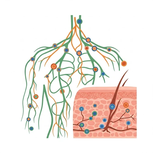 깔끔한 벡터 아트 스타일로 표현된 신경계와 피부 조직, 그리고 그 위에 나타난 혹들을 통해 신경섬유종증의 특징을 시각적으로 보여주는 정보성 일러스트레이션.