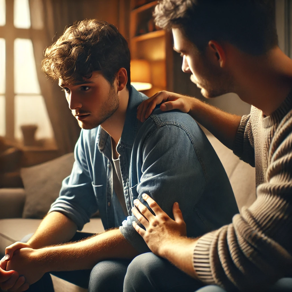 소파에서 친구가 어깨를 감싸 위로하는 모습