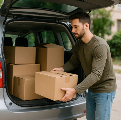 일본에서 렌터카를 이용하여 혼자 이사를 하는 모습입니다.