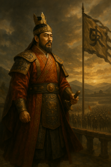 고려 태조 왕건이 금빛 갑옷과 관복을 갖춰 입고 언덕 위 깃발 아래에 서서 군대를 지휘하는 모습