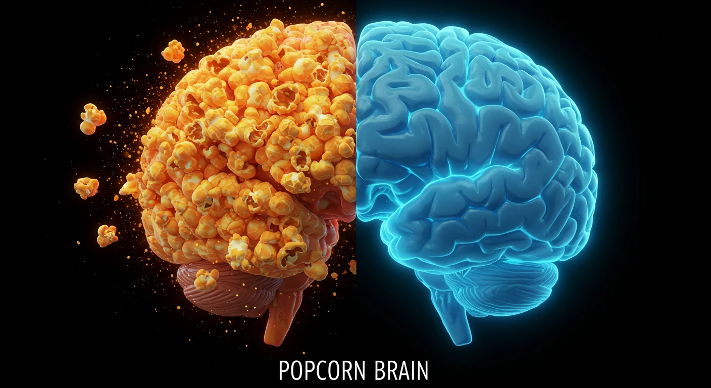 팝콘 브레인 현상을 시각적으로 표현한 뇌 이미지. 과자극 상태의 뇌와 평온한 상태의 뇌를 비교하여 숏폼 중독의 위험성을 보여줌.