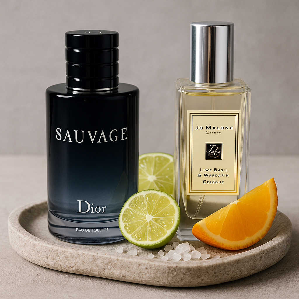 돌 트레이 위에 나란히 놓인 디올 소바쥬와 조 말론 라임 바질 앤 만다린 향수 병. 병 주변에는 라임, 오렌지 슬라이스와 소금 결정이 장식되어 있으며, 배경은 밝고 미니멀한 회색톤으로 시원하고 고급스러운 여름 레이어링 무드를 연출
